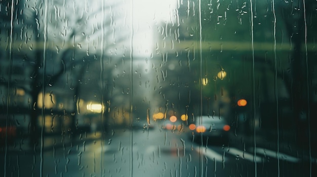 Rainy City View Through Glass Window