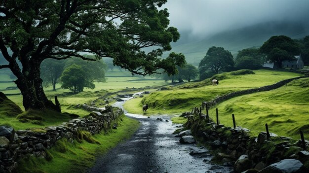 Photo rainy countryside hikes background