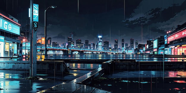 Rainy cyberpunk cityscape anime wallpaper