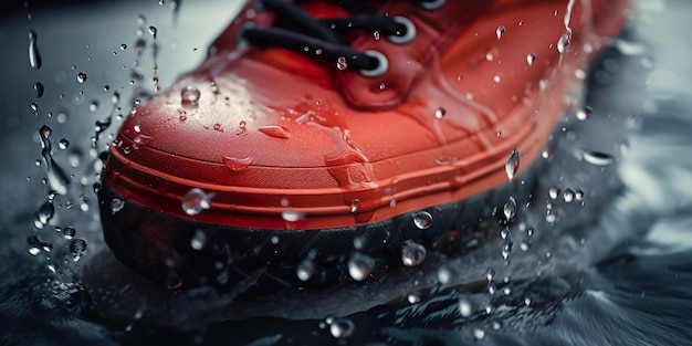 Photo rainy day adventure with red rubber boot