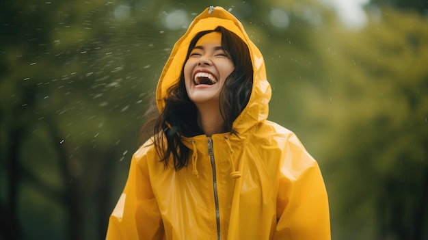 비오는 날 야외에서 비옷을 입고 행복하고 재미있는 아시아 여성