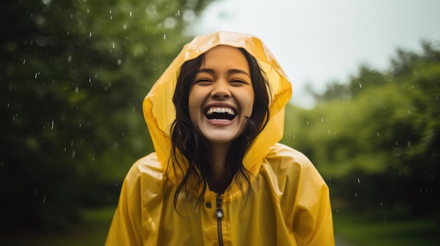 雨の日、屋外でレインコートを着たアジアの女性が幸せで面白い