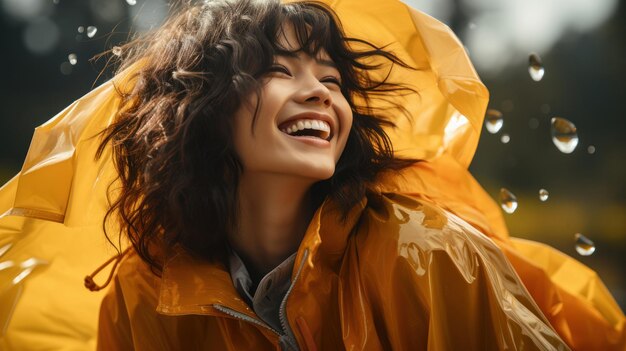 Rainy day asian woman wearing a raincoat outdoors