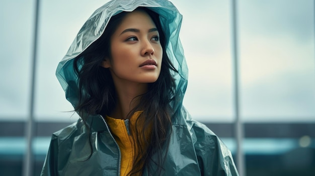 Rainy day asian woman wearing a raincoat outdoors