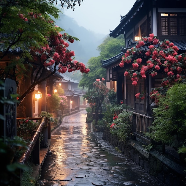 a rainy day in a Chinese garden with a lantern and a tree in the background