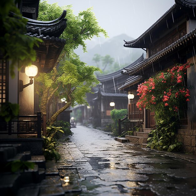 a rainy day in a Chinese garden with a lantern and a tree in the background