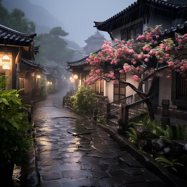 a rainy day in a Chinese garden with a lantern and a tree in the background