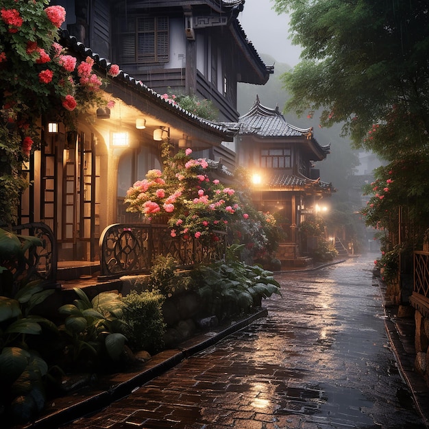 a rainy day in a Chinese garden with a lantern and a tree in the background