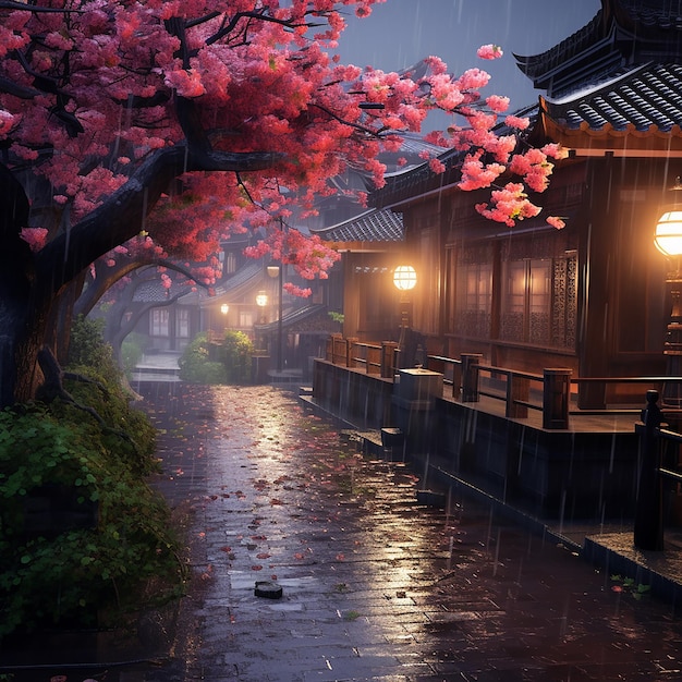 a rainy day in a Chinese garden with a lantern and a tree in the background