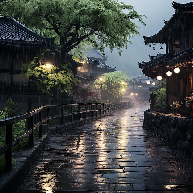 a rainy day in a Chinese garden with a lantern and a tree in the background