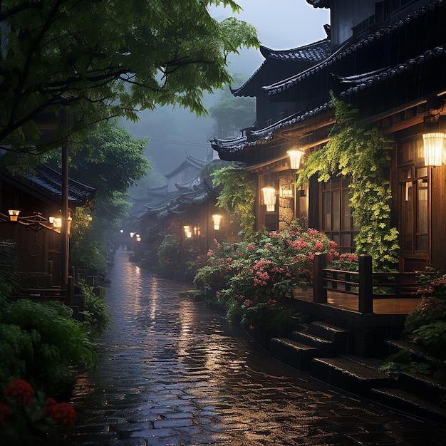 a rainy day in a Chinese garden with a lantern and a tree in the background