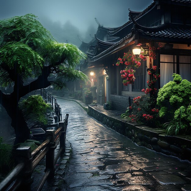 a rainy day in a Chinese garden with a lantern and a tree in the background