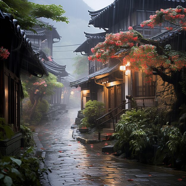 a rainy day in a Chinese garden with a lantern and a tree in the background