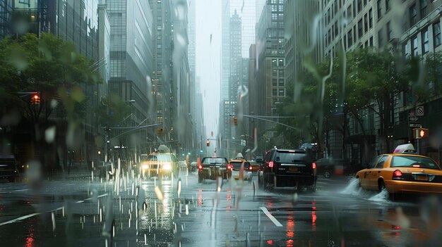 A rainy day in the city The cars are driving on the wet road The buildings are tall and the street is narrow
