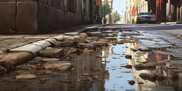 Foto giorno piovoso sulla strada della città ai generativa