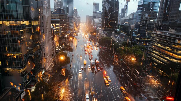 도시 에서 비가 오는 날 창문 에서 볼 수 있는 풍경 은 비 를 고 달리는 자동차 와 버스 들 이 있는 바쁜 거리 이다