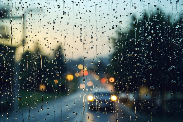 A rainy day in the city with a car on the road and a blurry background.