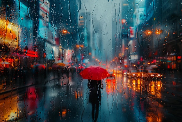 Rainy day cityscape with blurred umbrellas and pedestrians