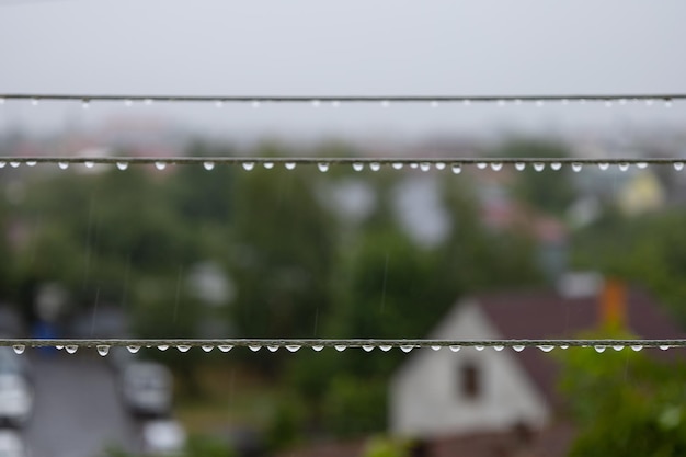 Rainy day drops on clothes washing lines