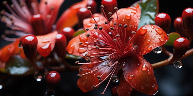 雨 の 日 の 優雅 さ 花 と 葉 を 水 の 滴 と し て 近く から 撮る