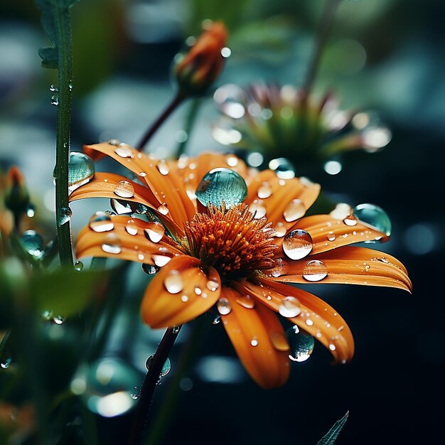 雨の日の花の反射
