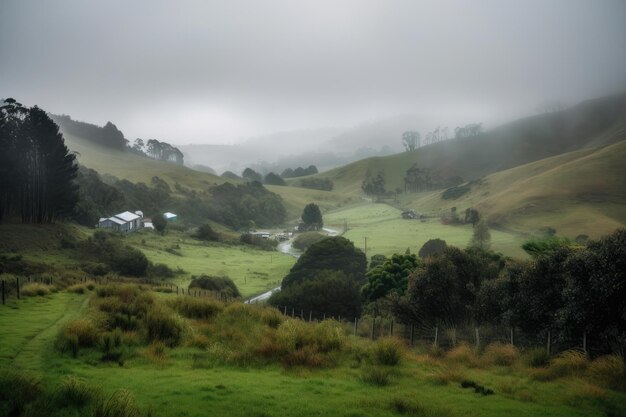 Rainy day in the hills moody landscape shrouded in mist and drizzle