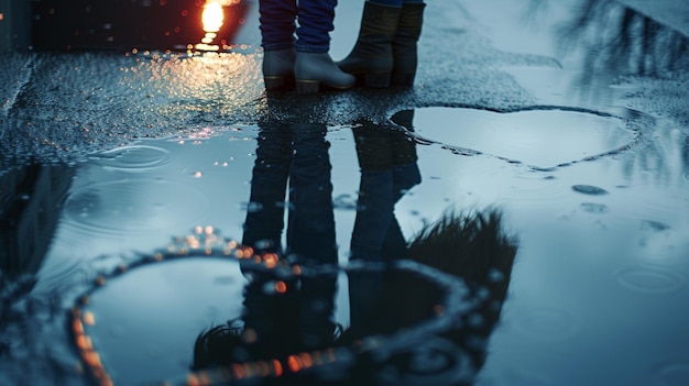 雨の日の恋の反射 ロマンチックなカップルのシルエット