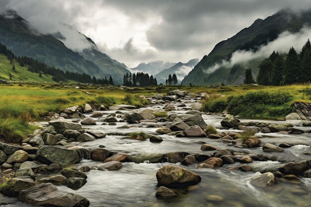 A rainy day in the mountains with misty peaks