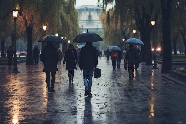 Rainy day in the park with people under umbrellas