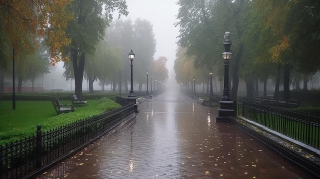 A rainy day in the park with a street lamp and trees