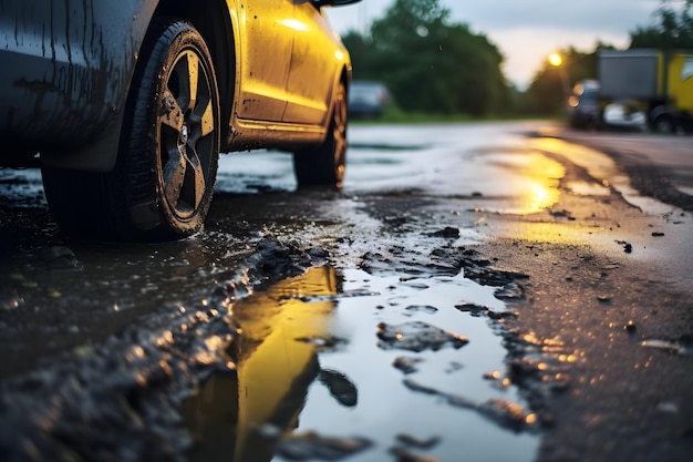 Rainy Day Parking A CloseUp View of a Car Parked on a Wet Road Surface Generative AI