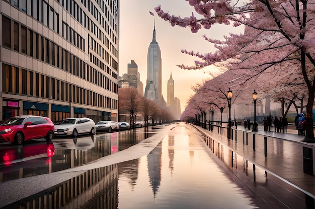 ピンクの建物を背景にしたフィラデルフィアの雨の日