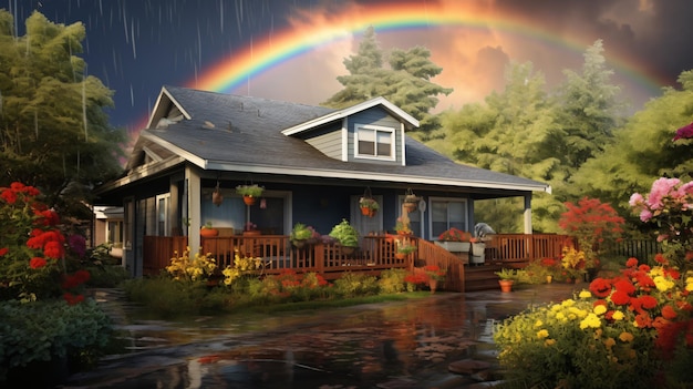 Rainy day rainbow over a home with solar panel