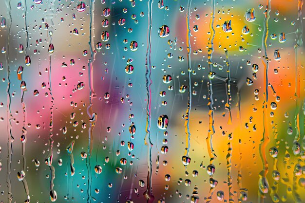 Rainy day view through window with water droplets on glass