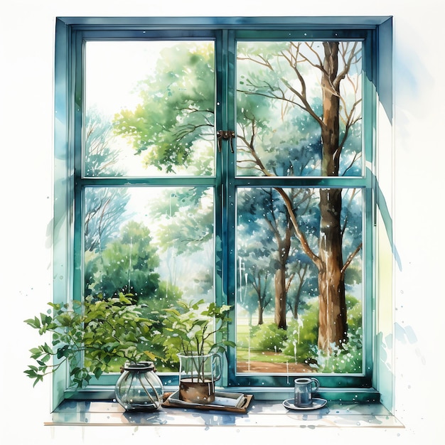 Rainy day window A watercolor window with raindrop AI generate illustration