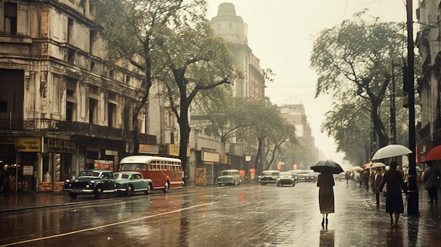 a rainy day with a man walking in the rain with an umbrella.