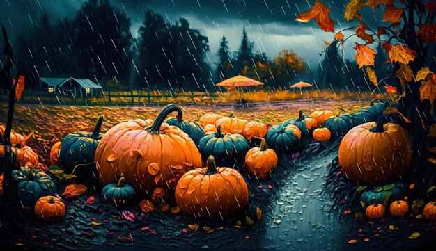 A rainy day with pumpkins in the rain