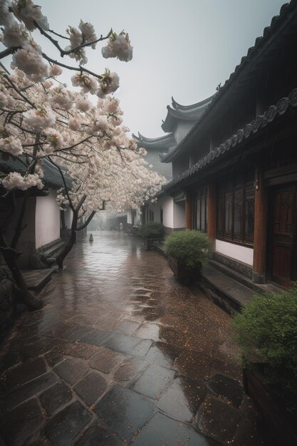 A rainy day with a tree in the foreground and a building with a sign that says'spring '