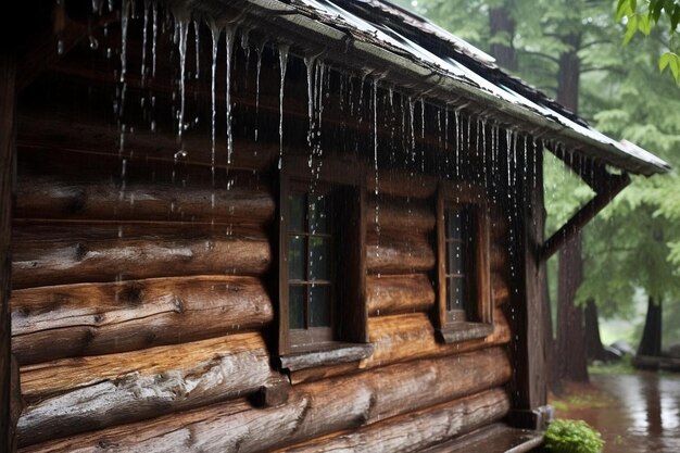 Rainy day with water dripping from the eaves of a rust