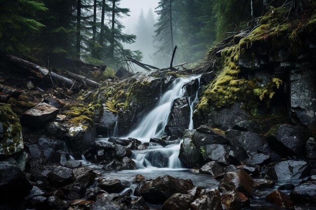 Rainy day with water trickling down a rocky waterfall