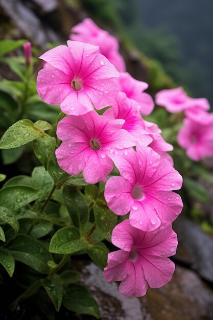 On rainy days there many big pink petunia hybrida on the steep slope rocks on the