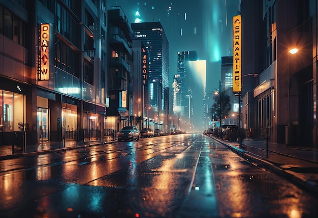 Rainy Downtown Night with Neon Lights