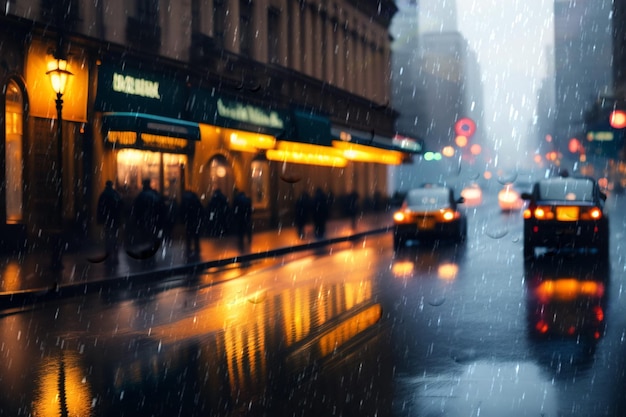 雨の夜の街の通りぼやけた光とガラスの雨滴雨天