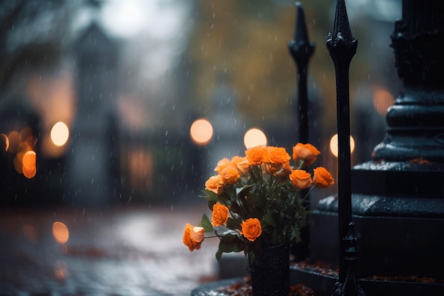 Rainy funeral Cemetery on a rainy day with flowers and blurred background Generative AI illustration