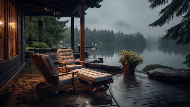 Photo rainy lakeside retreat background