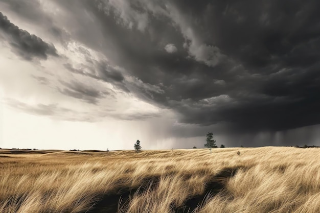 Rainy landscape with dark clouds and dry grass