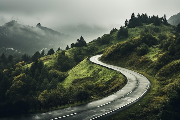 Rainy mountain landscape with winding road