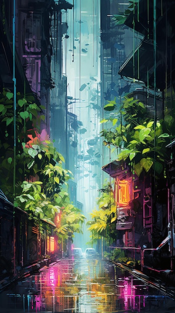 Photo rainy neon cyberpunk urban jungle with brushstrokes painting