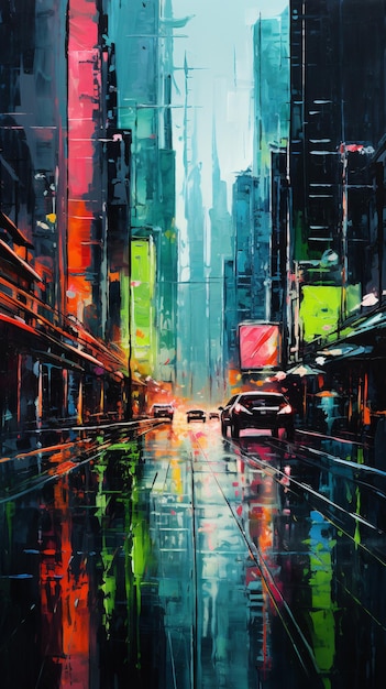 Photo rainy neon cyberpunk urban jungle with brushstrokes painting