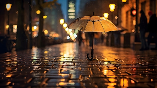 都会の雨の夜 濡れた街路に映るライトアップされた建物